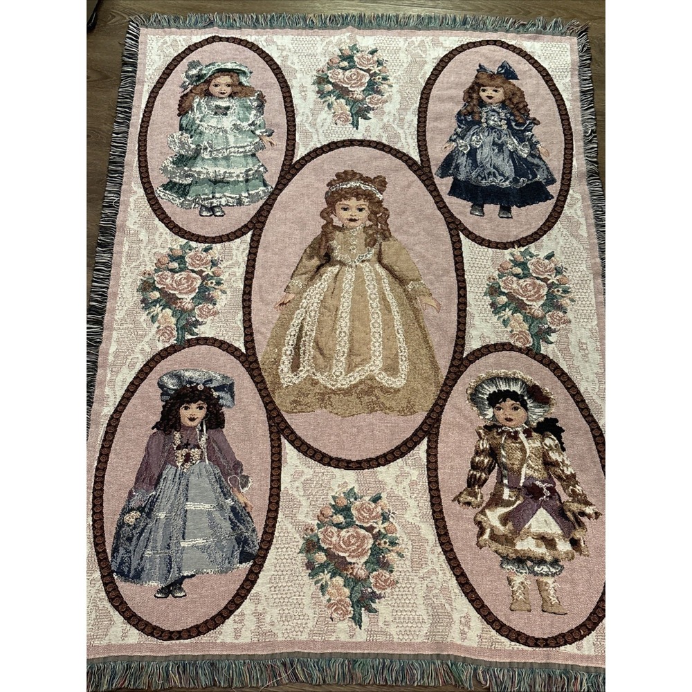 Vintage Chatham Porcelain Dolls Tapestry Woven Throw Blanket 50x67 Cotton